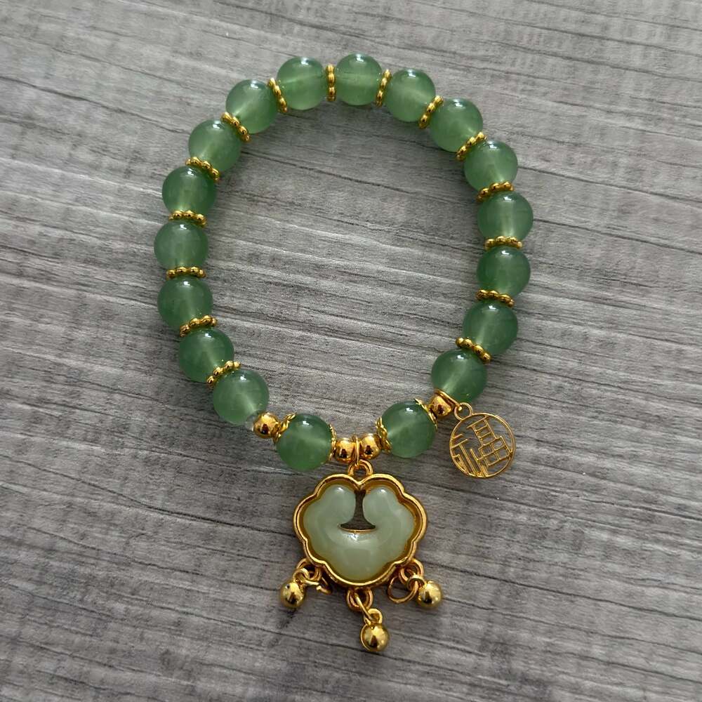 Green Beaded Ruyi Lock Charm Bracelet with Lucky Fu Character Tag